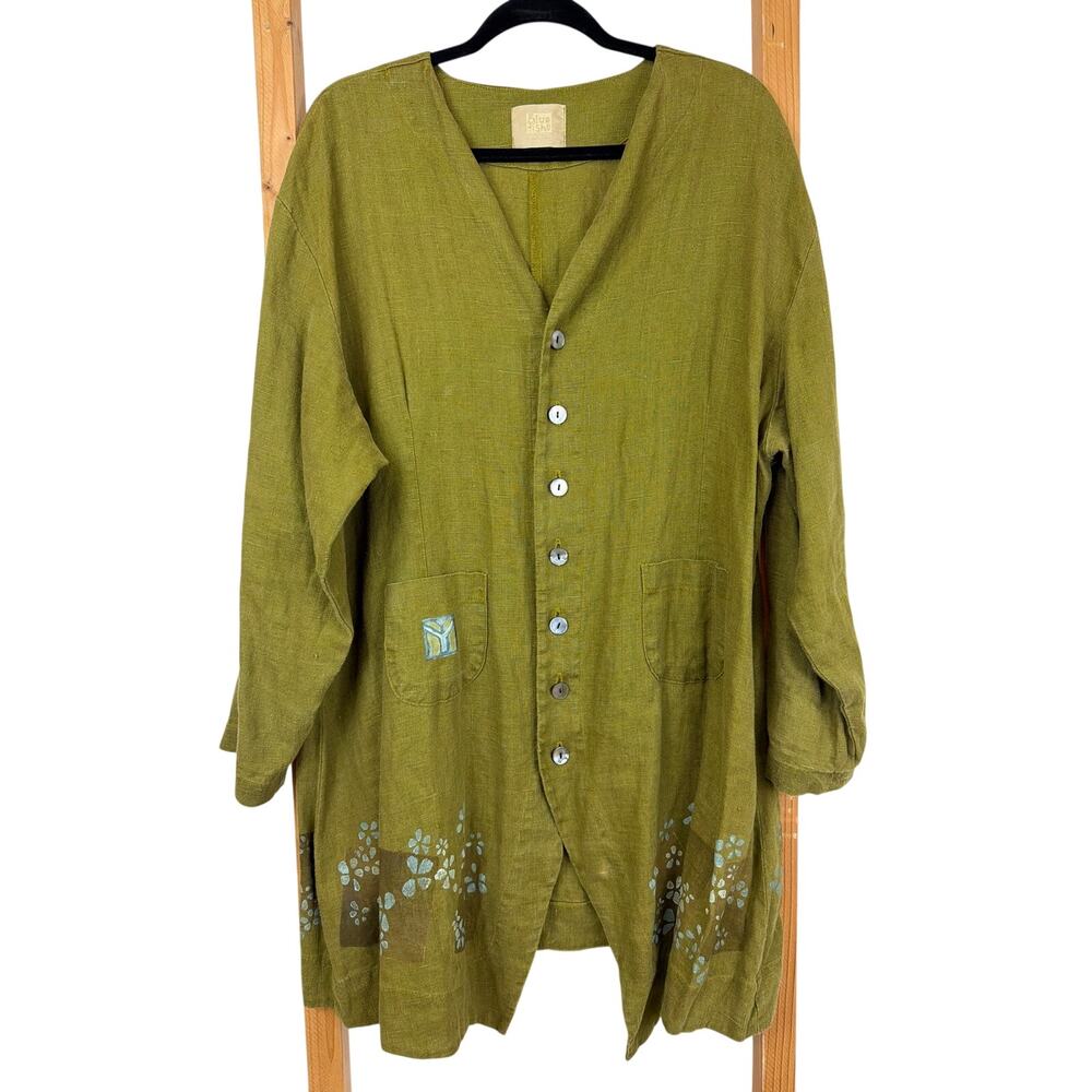 Blue Fish Green Floral Painted Linen Long Sleeve Button Up Tunic L